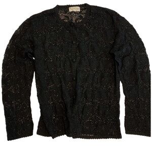 HAND CROCHETED BLACK CARDIGAN SWEATER OPEN KNIT LARGE